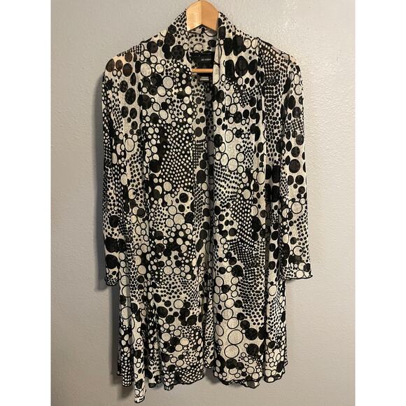 Ali Miles Cardigan Womens Large Black White Open Front 3/4 Sleeve Mesh Artsy - Picture 1 of 9